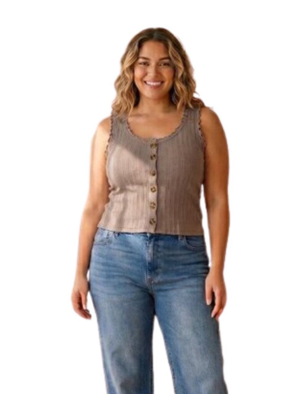 SO Taupe Knit Lettuce Trim Faux Button Front Tank Top Size Large